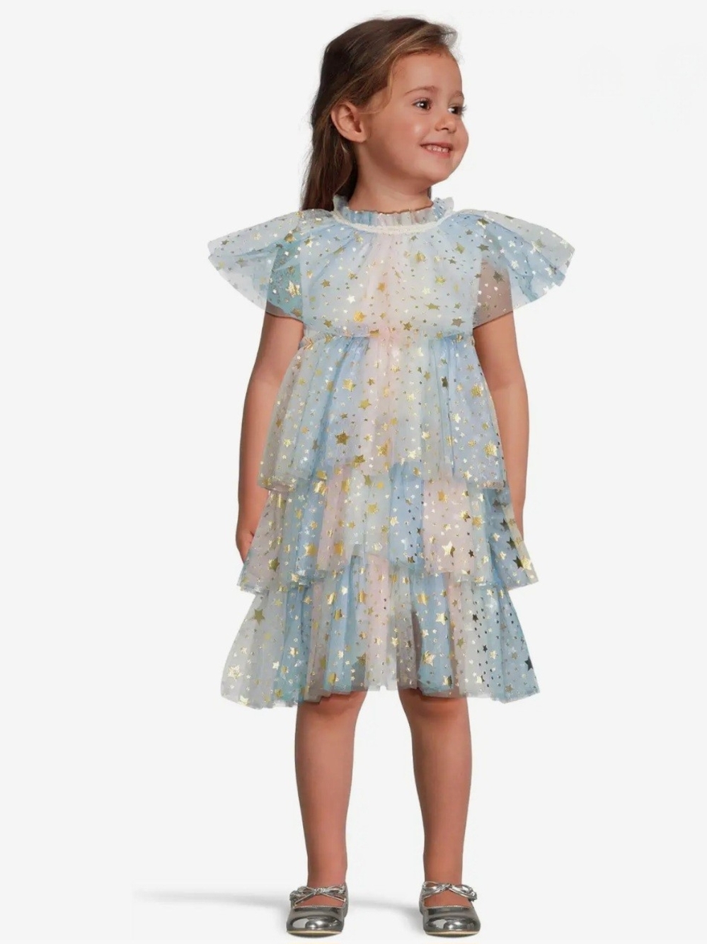 Lola + The Boys Pastel Blue Layered Tulle Dress with Gold Stars- Size 9/10